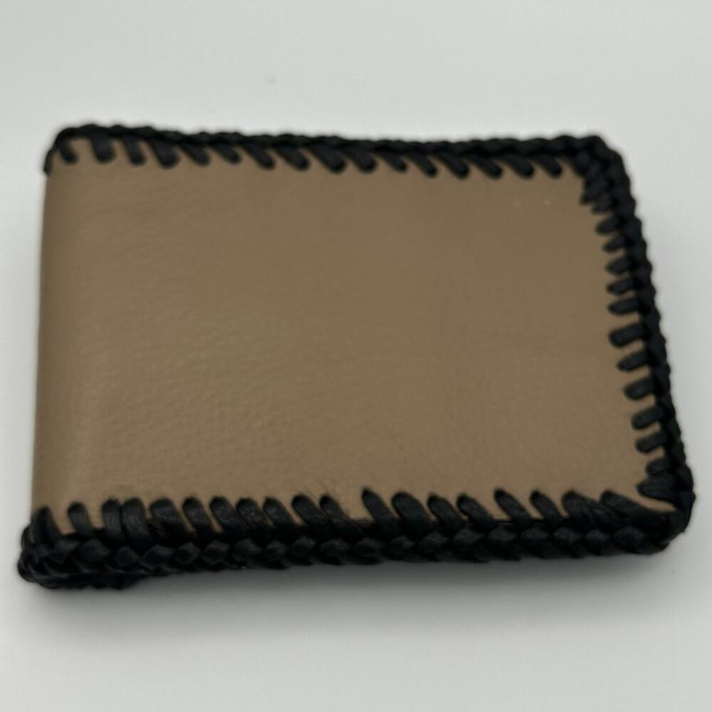 Oaxaca Handmade Beige Leather Bifold Wallet with Black Stitching